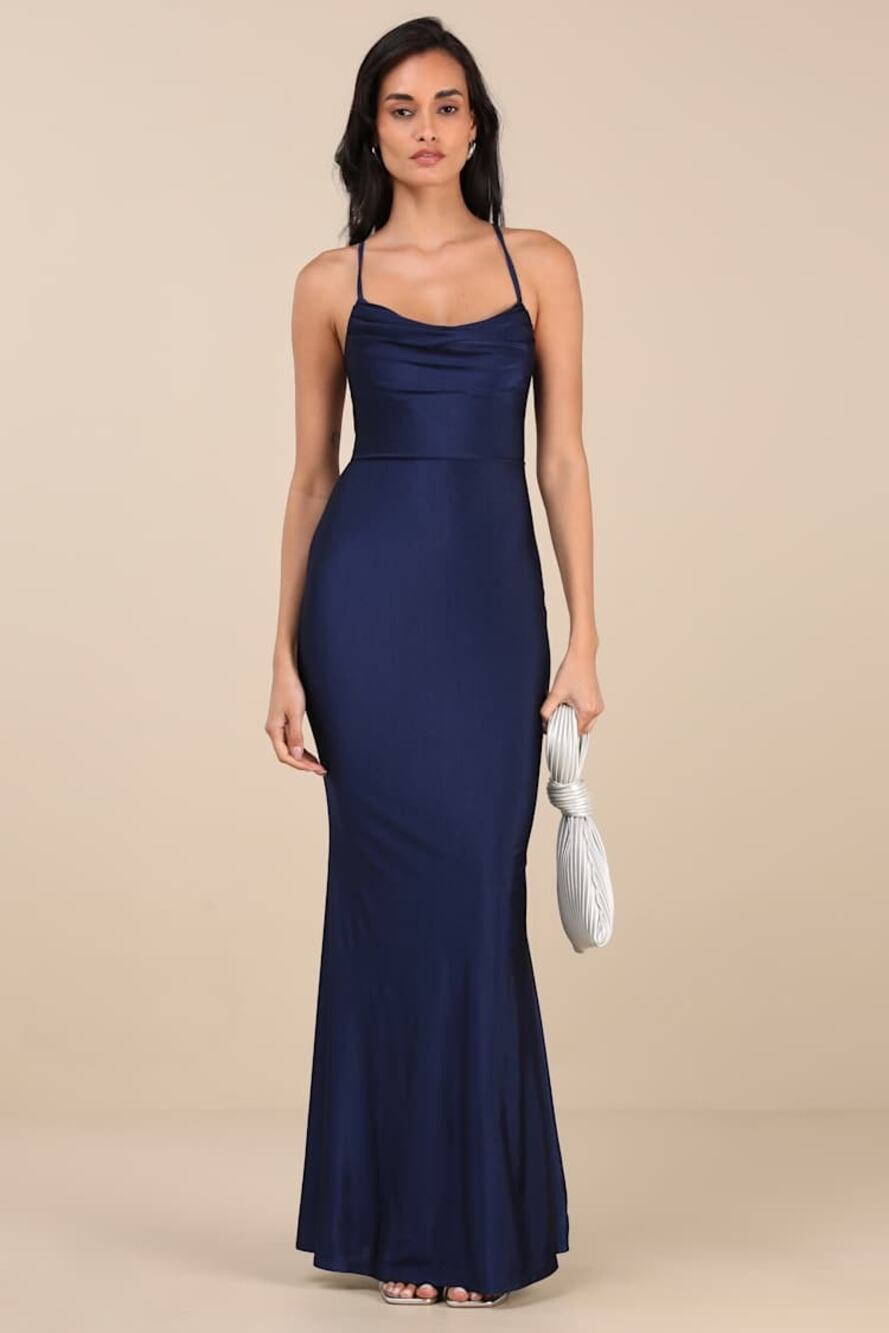 NWT Lulus Cute Definition Navy Slinky Knit Cowl Neck Maxi Dress Holiday Gala M